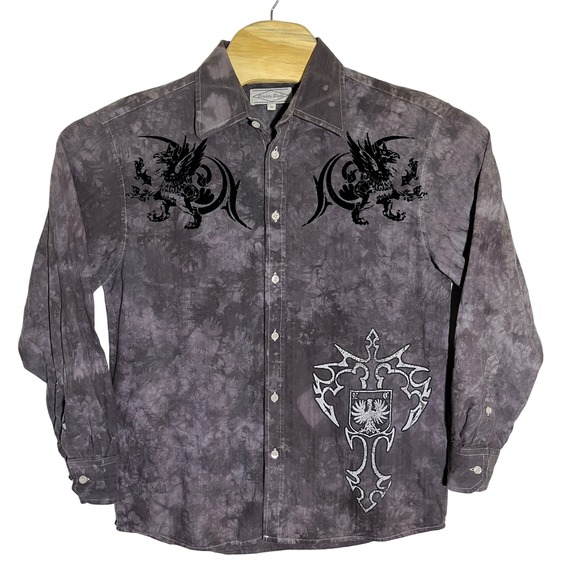 Eighty Eight Dragon Knight Button Down Shirt Tie Dye Graphic Print Long Sleeve M - Picture 1 of 8